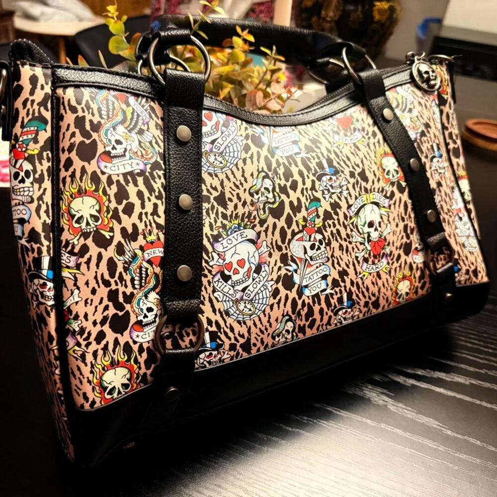 Ed Hardy Leopard Tattoo Skull Rhinestone Satchel Crossbody NWT - Picture 5 of 7